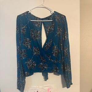 Express Teal Cropped Floral Blouse